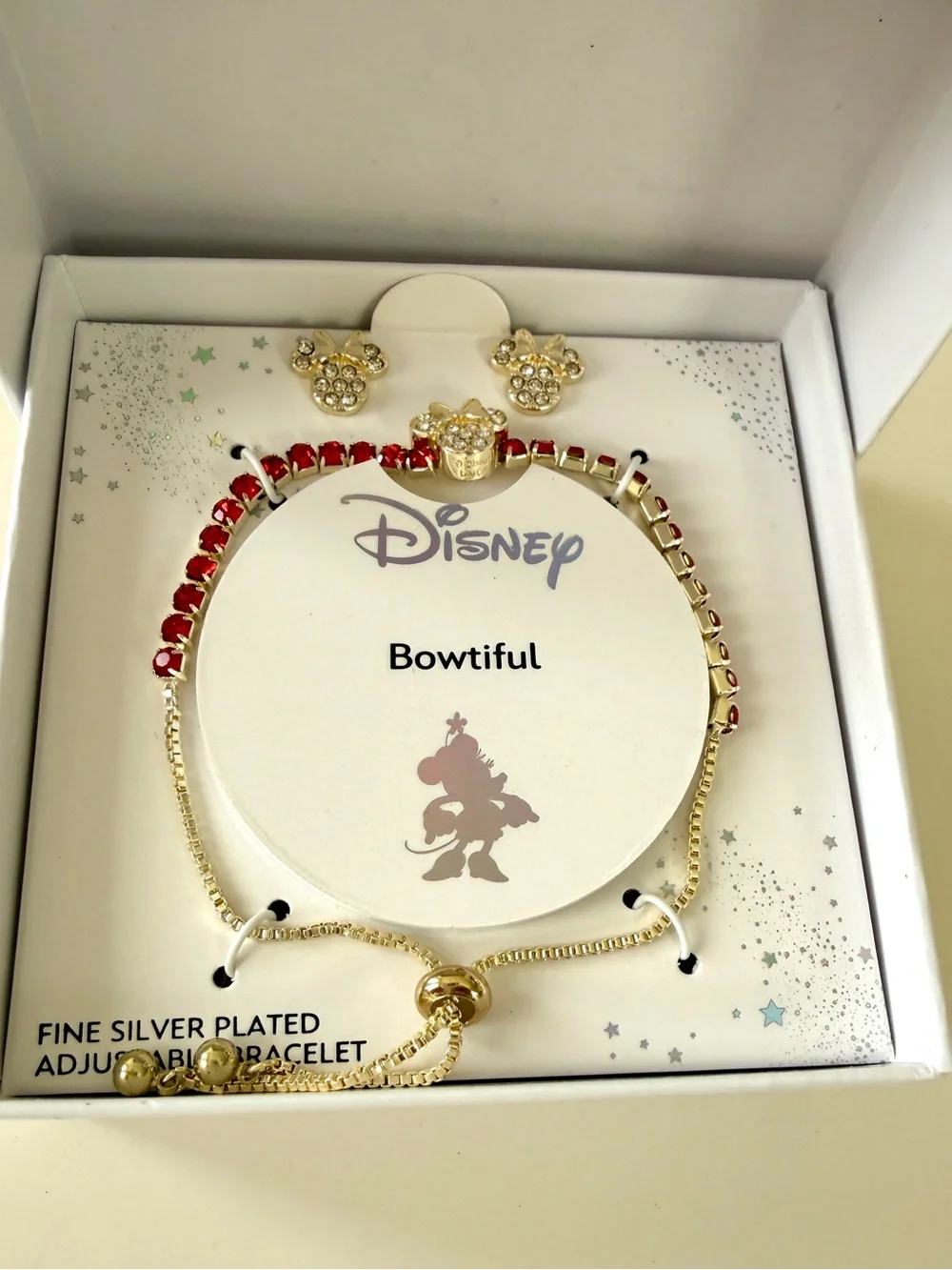Disney fine silver plated adjustable bracelet Red Crystal accents & Stud Earring
